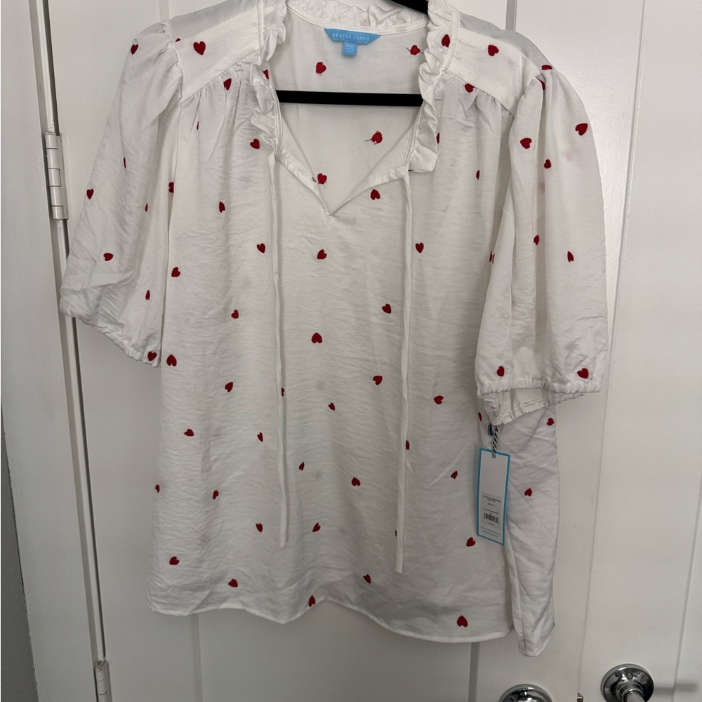 NWT: Draper James White Blouse with Red Heart Pattern❤️